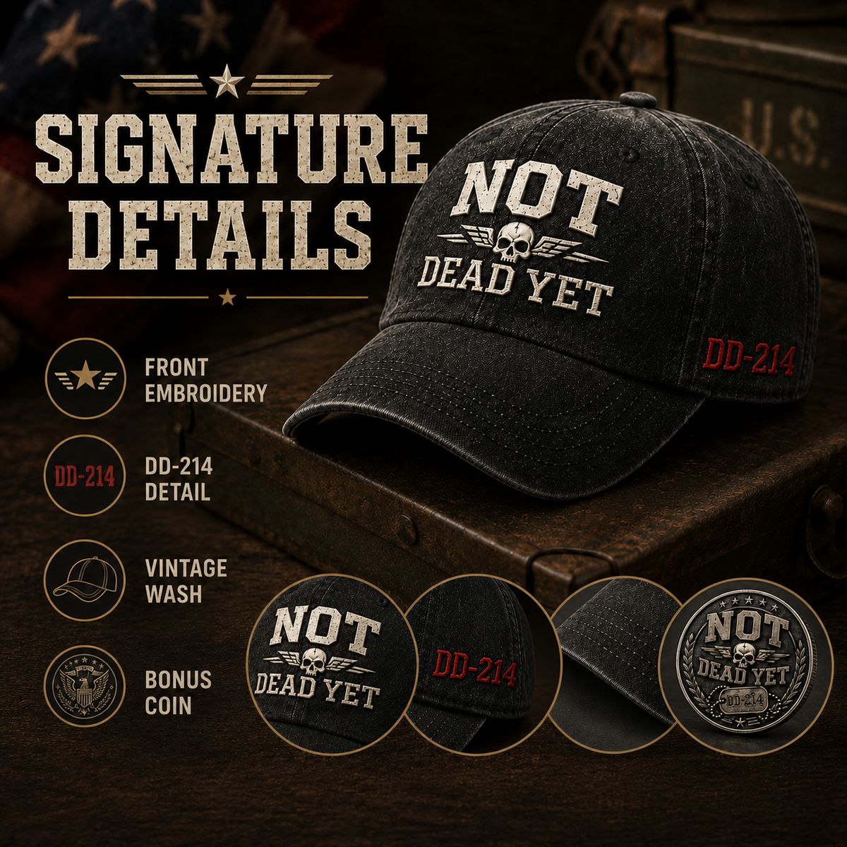 DD-214 NOT DEAD YET Veteran Dad Hat – Vintage Embroidered Cap 🎁 Free Honor Coin With Every Cap Purchase