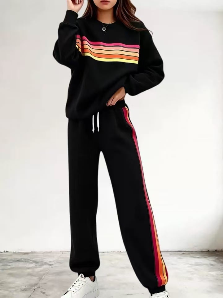 Women's 2-Piece Boxy Retro Rainbow Stripe Crewneck Sweat Set - Long Sleeve Shirt, Fitted Track Pants, Casual Activewear, Machine Washable Lounge Athleisure Chic Outfit
