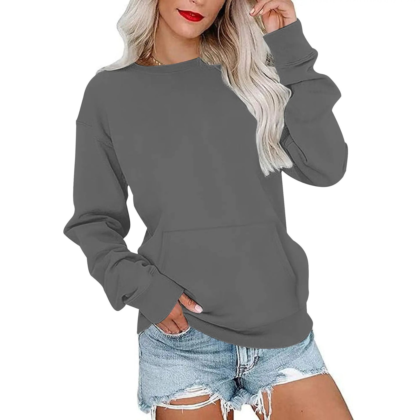 Women's Crewneck Hoodless Sweatshirt With Kangaroo Pocket Fleece Longsleeve Oversized Casual Style Shirt Lightweight Pullover 2026