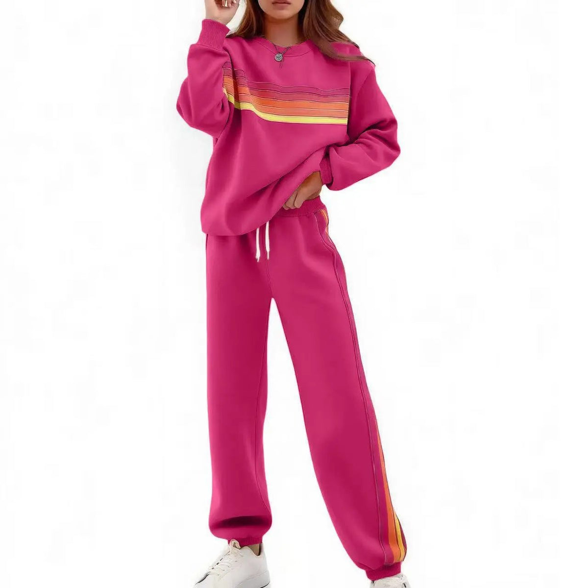 Women's 2-Piece Boxy Retro Rainbow Stripe Crewneck Sweat Set - Long Sleeve Shirt, Fitted Track Pants, Casual Activewear, Machine Washable Lounge Athleisure Chic Outfit