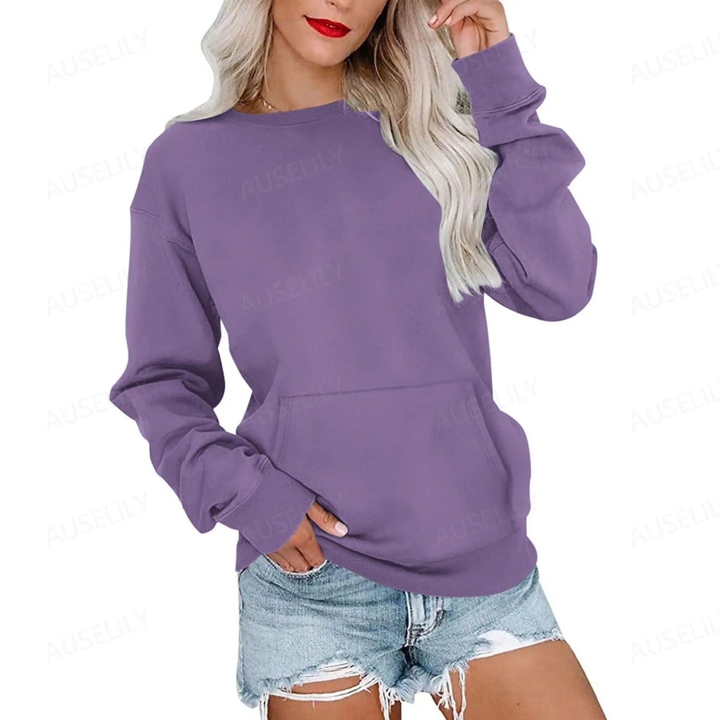 Women's Crewneck Hoodless Sweatshirt With Kangaroo Pocket Fleece Longsleeve Oversized Casual Style Shirt Lightweight Pullover 2026