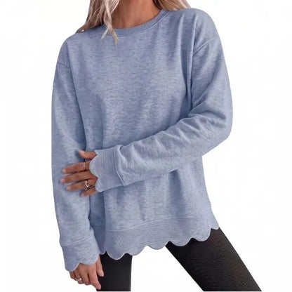 Women's Heather Crew Neck Oversized Sweatshirt, Wavy Scallop Hem & Cuff Long Sleeve Loose Casual Fall Layering Pullover Top