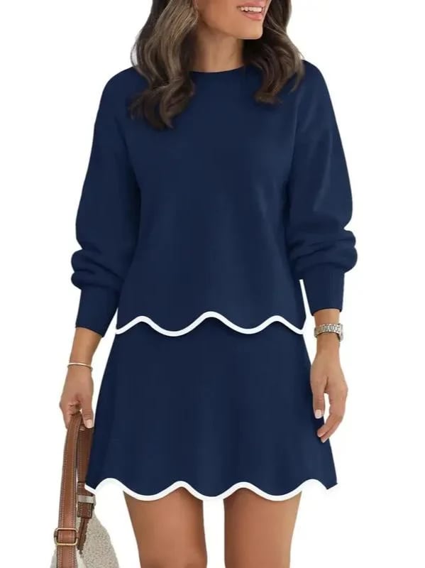 Women Puff Long Sleeve Crewneck Top Scalloped Mini Skirt 2 Piece Knit Set