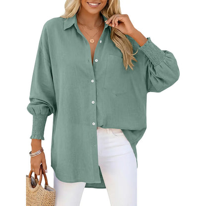 Women Linen Shirt Smocked Cuffed Casual Collar Long Sleeve Oversized Button Down Blouse Tops Boyfriend Shirt Basic Vintage Top