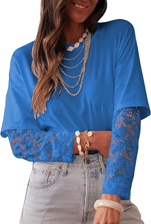 Women Long Sleeve Lace Patchwork Crew Neck Casual Tops