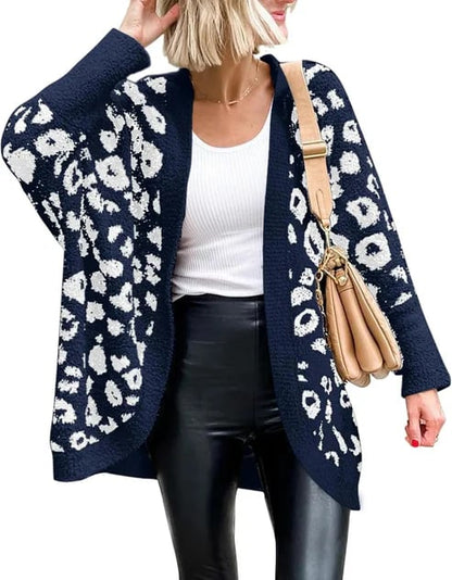 Women's Leopard Print Long Sleeve Cardigan Sweater with Pockets