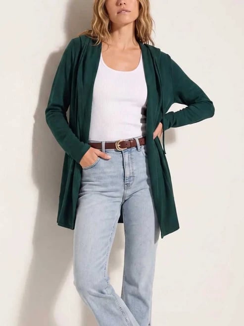 Drawstring Hooded Open Front Long Sleeve Cardigan