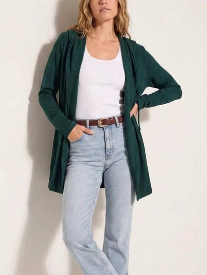 Drawstring Hooded Open Front Long Sleeve Cardigan