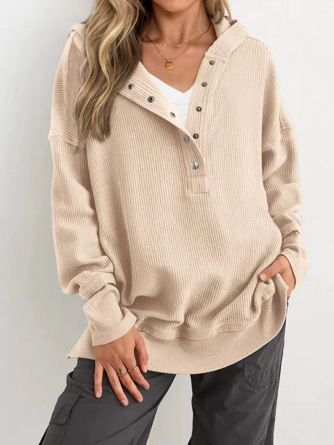 ⏰Hot Sale-Womens Long Sleeve Hoodie Oversized Button Up Sweatshirt Pullover Tops