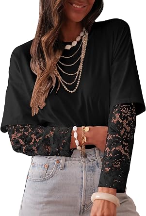 Women Long Sleeve Lace Patchwork Crew Neck Casual Tops
