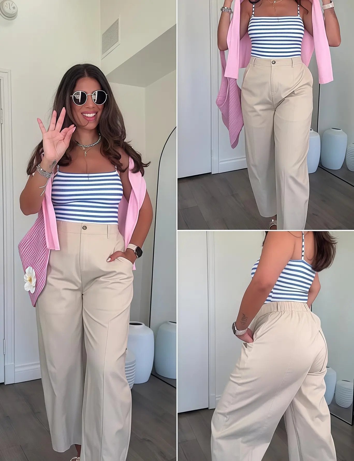 Women's Casual Baggy Linen Blend Pants, High Waisted Pull On Wide Leg Style with Pockets for Summer, Bottom, Cotton, Zip