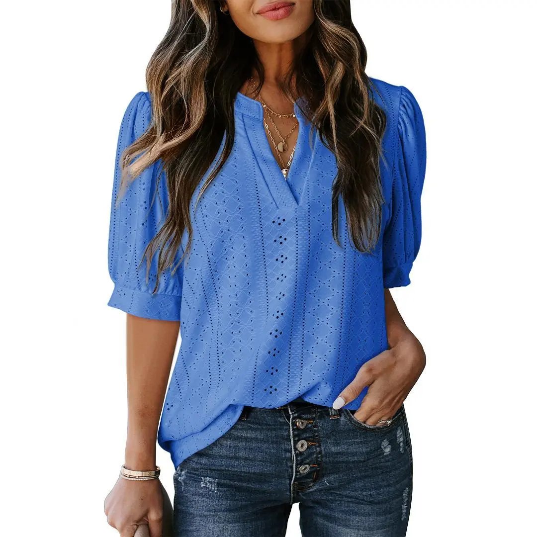 🏆Hot Sale 49% OFF🔥Women's Summer Casual Blouses V Neck Short Sleeve Shirts Hollow Out Cute Tops Loose Fit Breathable Fabric