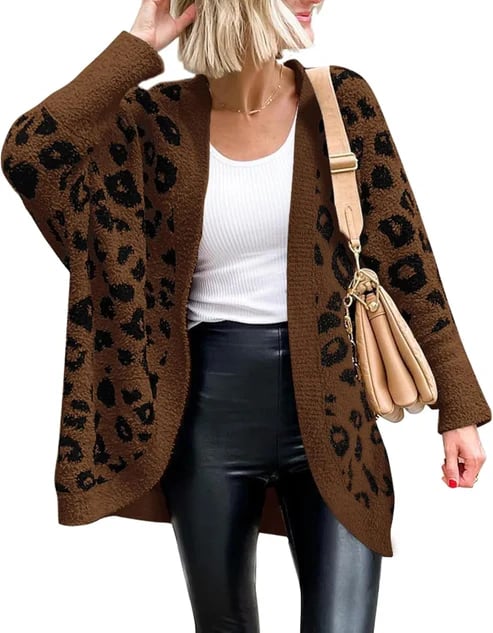 Women's Leopard Print Long Sleeve Cardigan Sweater with Pockets