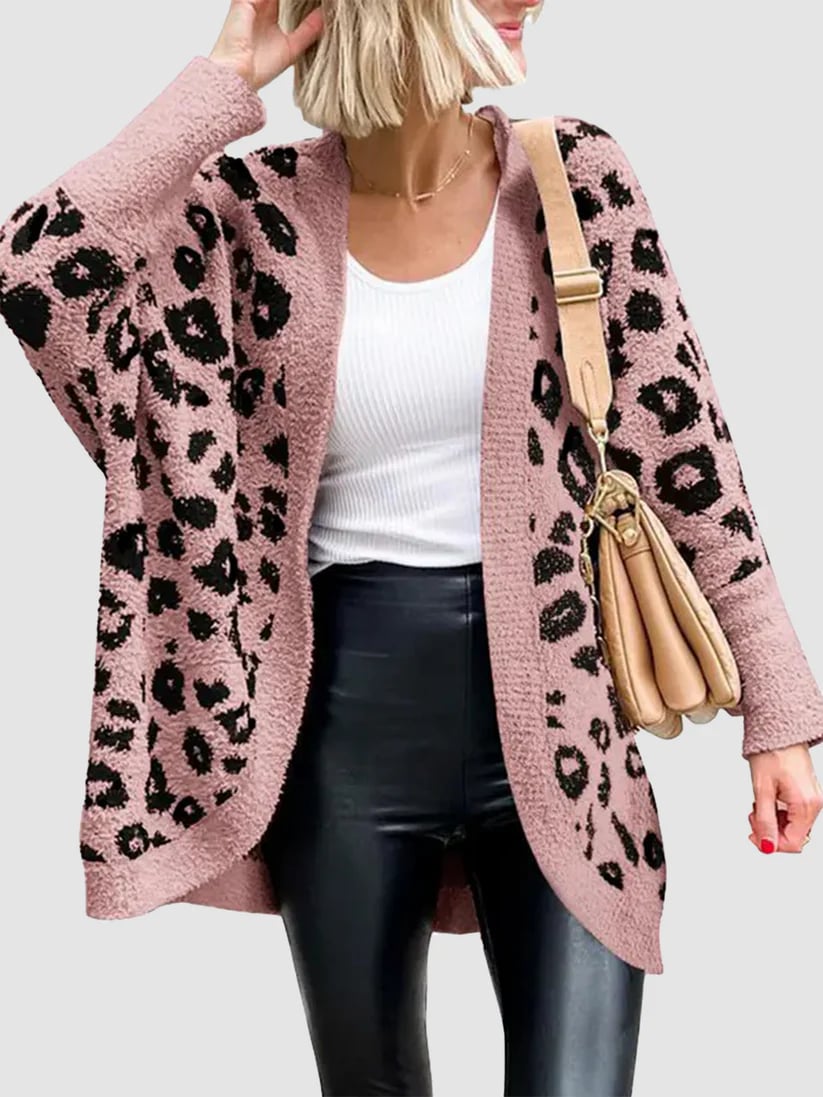 Women's Leopard Print Long Sleeve Cardigan Sweater with Pockets