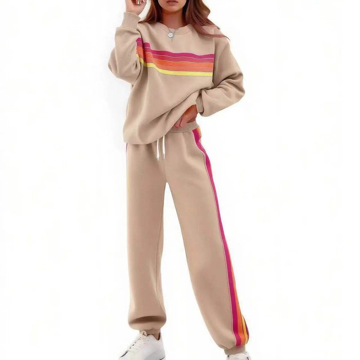 Women's 2-Piece Boxy Retro Rainbow Stripe Crewneck Sweat Set - Long Sleeve Shirt, Fitted Track Pants, Casual Activewear, Machine Washable Lounge Athleisure Chic Outfit