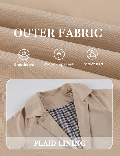 Womens Cropped Trench Coat Classic Collar Oversized Casual Jackets with Checkered Lining
