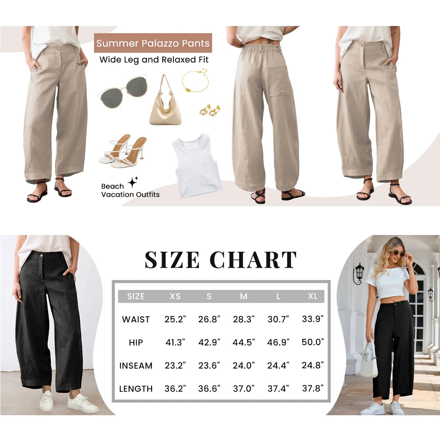 Women's Casual Baggy Linen Blend Pants, High Waisted Pull On Wide Leg Style with Pockets for Summer, Bottom, Cotton, Zip