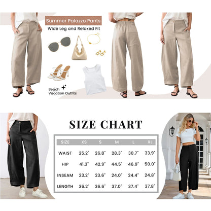 Women's Casual Baggy Linen Blend Pants, High Waisted Pull On Wide Leg Style with Pockets for Summer, Bottom, Cotton, Zip