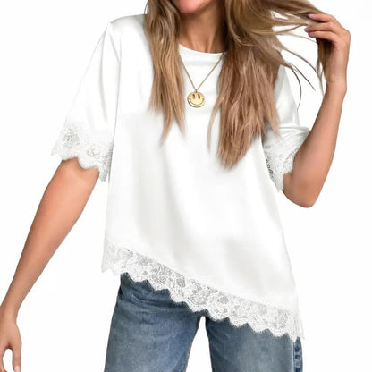 Tankaneo Women's Satin-Silk Short-Sleeve Shirt – Loose-Fit Lace-Panel Top with Asymmetric Cut; Ideal for Stylish, Casual Summer Wear.