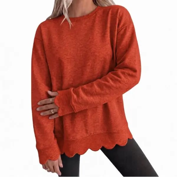 Women's Heather Crew Neck Oversized Sweatshirt, Wavy Scallop Hem & Cuff Long Sleeve Loose Casual Fall Layering Pullover Top