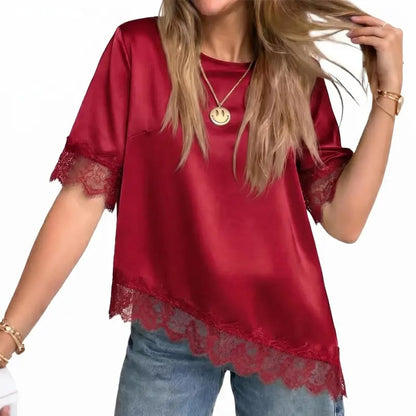 Tankaneo Women's Satin-Silk Short-Sleeve Shirt – Loose-Fit Lace-Panel Top with Asymmetric Cut; Ideal for Stylish, Casual Summer Wear.