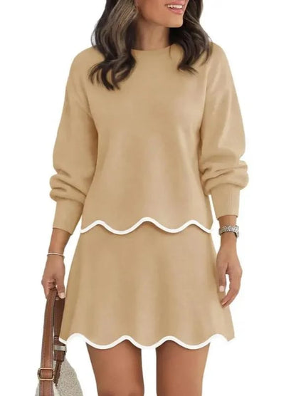 Women Puff Long Sleeve Crewneck Top Scalloped Mini Skirt 2 Piece Knit Set