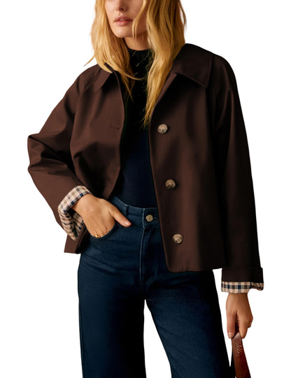 Womens Cropped Trench Coat Classic Collar Oversized Casual Jackets with Checkered Lining