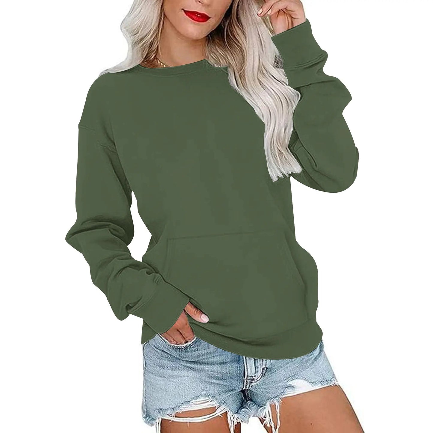 Women's Crewneck Hoodless Sweatshirt With Kangaroo Pocket Fleece Longsleeve Oversized Casual Style Shirt Lightweight Pullover 2026