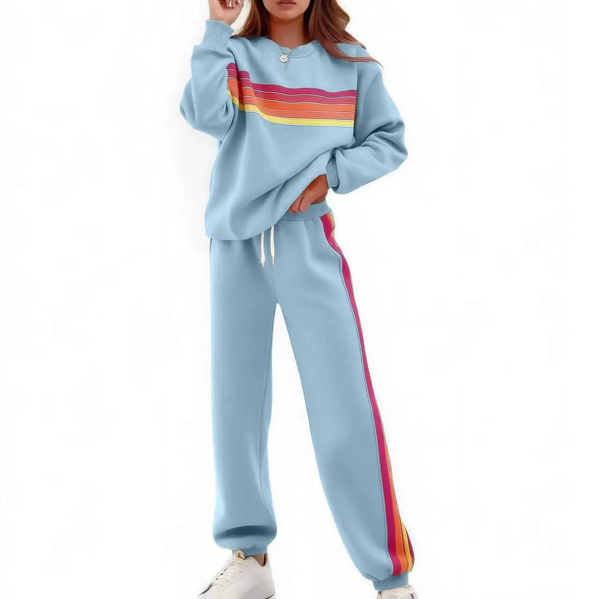 Women's 2-Piece Boxy Retro Rainbow Stripe Crewneck Sweat Set - Long Sleeve Shirt, Fitted Track Pants, Casual Activewear, Machine Washable Lounge Athleisure Chic Outfit
