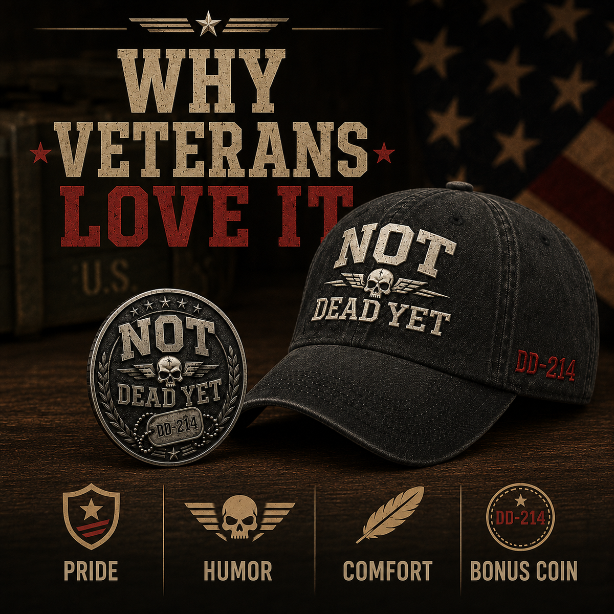 DD-214 NOT DEAD YET Veteran Dad Hat – Vintage Embroidered Cap 🎁 Free Honor Coin With Every Cap Purchase