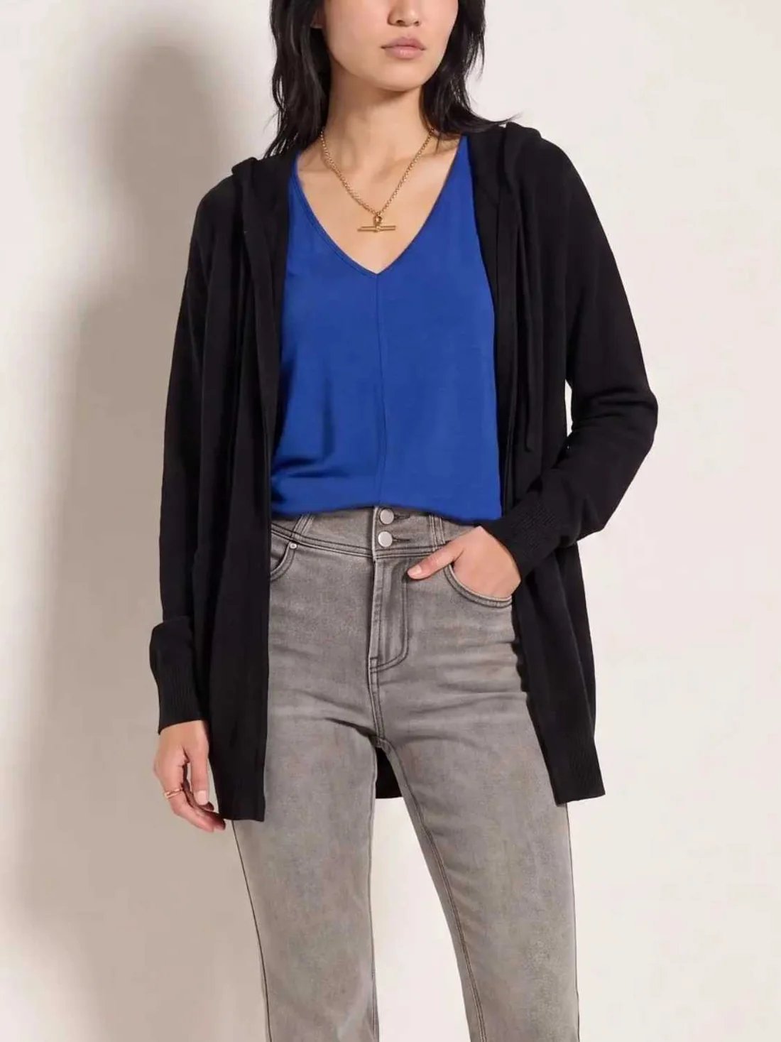 Drawstring Hooded Open Front Long Sleeve Cardigan