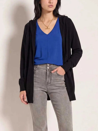 Drawstring Hooded Open Front Long Sleeve Cardigan