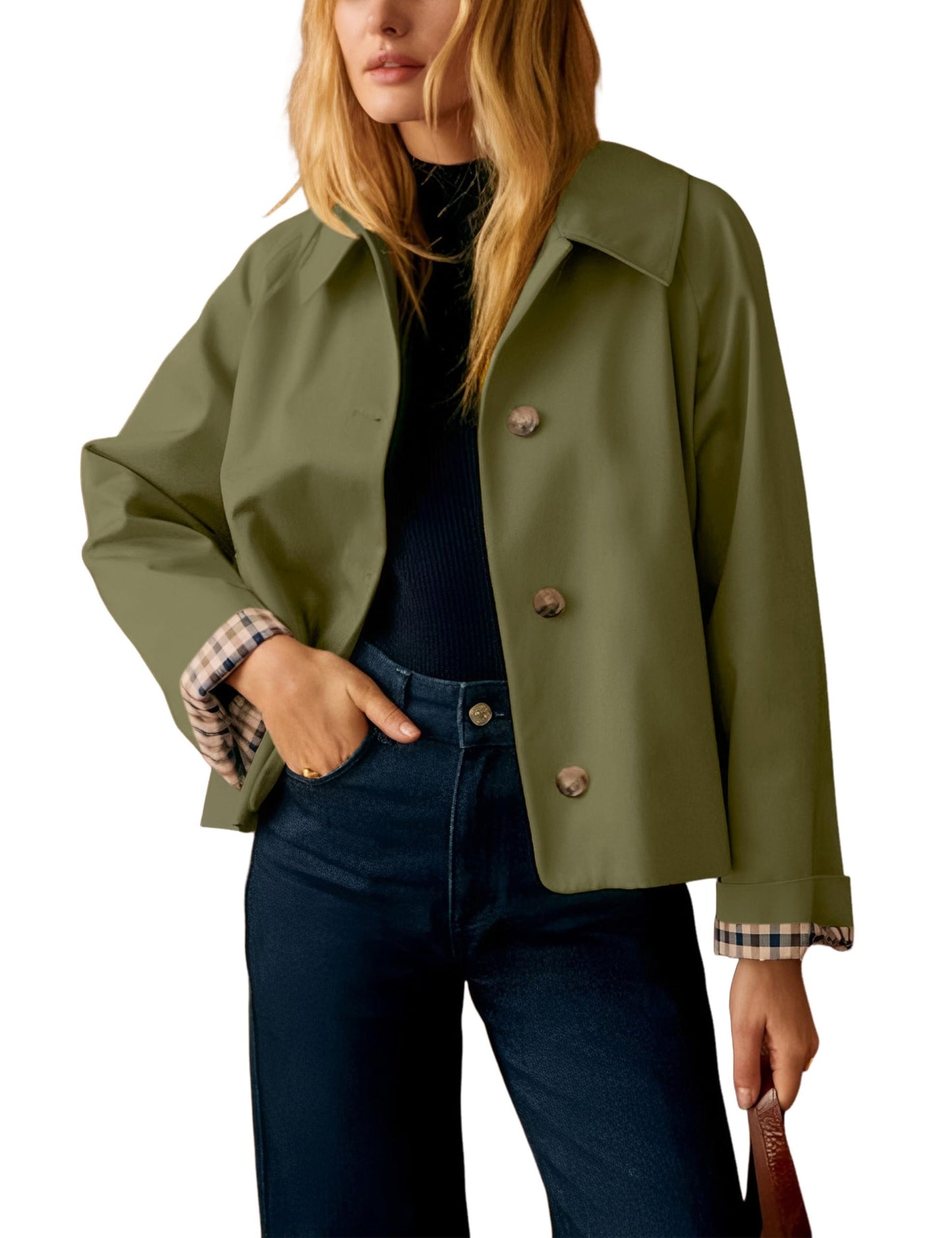 Womens Cropped Trench Coat Classic Collar Oversized Casual Jackets with Checkered Lining