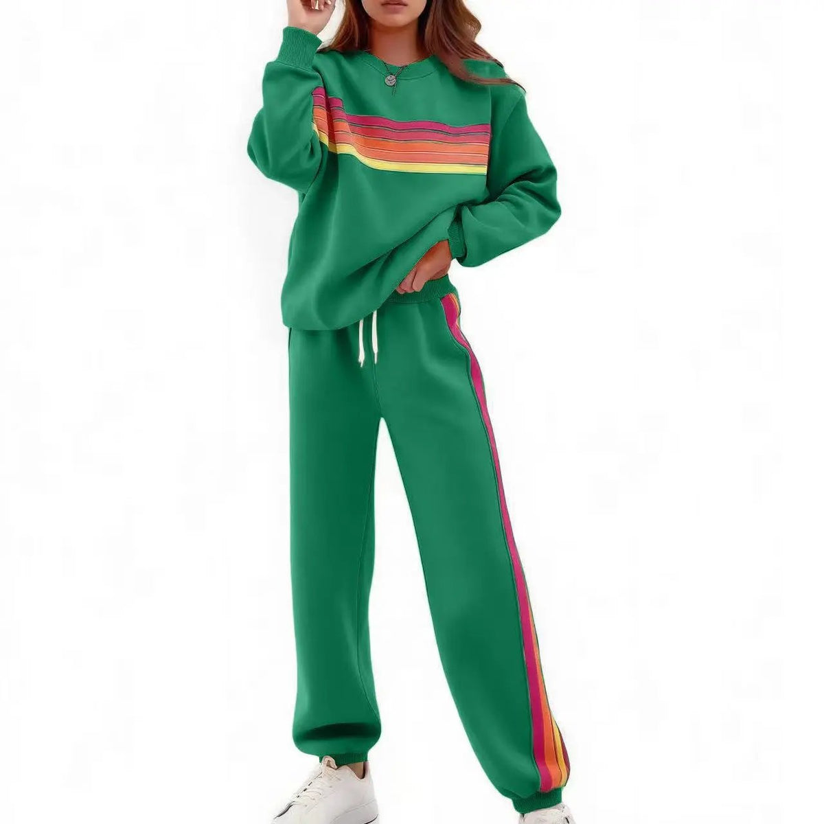 Women's 2-Piece Boxy Retro Rainbow Stripe Crewneck Sweat Set - Long Sleeve Shirt, Fitted Track Pants, Casual Activewear, Machine Washable Lounge Athleisure Chic Outfit