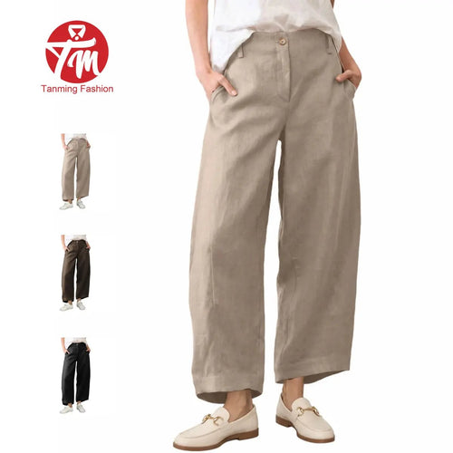 Women's Casual Baggy Linen Blend Pants, High Waisted Pull On Wide Leg Style with Pockets for Summer, Bottom, Cotton, Zip