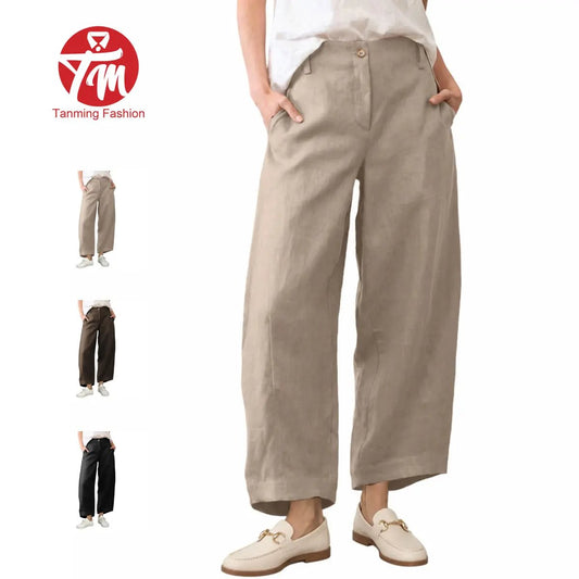 Women's Casual Baggy Linen Blend Pants, High Waisted Pull On Wide Leg Style with Pockets for Summer, Bottom, Cotton, Zip