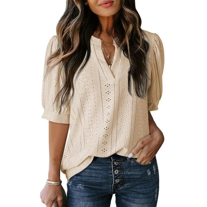 🏆Hot Sale 49% OFF🔥Women's Summer Casual Blouses V Neck Short Sleeve Shirts Hollow Out Cute Tops Loose Fit Breathable Fabric