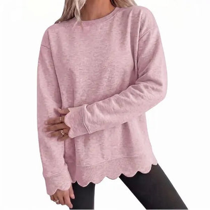 Women's Heather Crew Neck Oversized Sweatshirt, Wavy Scallop Hem & Cuff Long Sleeve Loose Casual Fall Layering Pullover Top