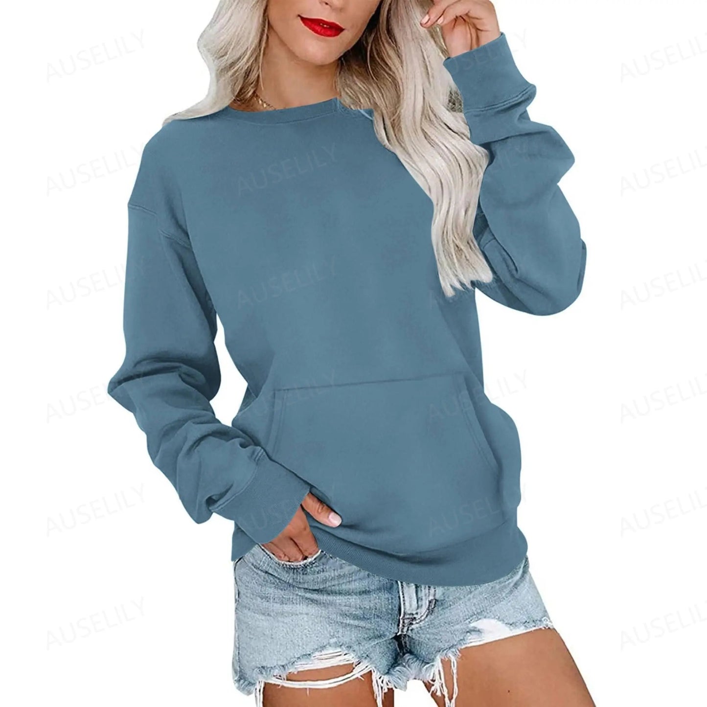 Women's Crewneck Hoodless Sweatshirt With Kangaroo Pocket Fleece Longsleeve Oversized Casual Style Shirt Lightweight Pullover 2026