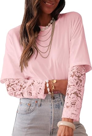 Women Long Sleeve Lace Patchwork Crew Neck Casual Tops