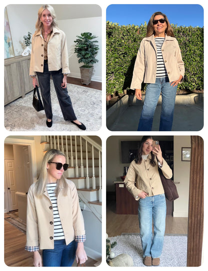 Womens Cropped Trench Coat Classic Collar Oversized Casual Jackets with Checkered Lining