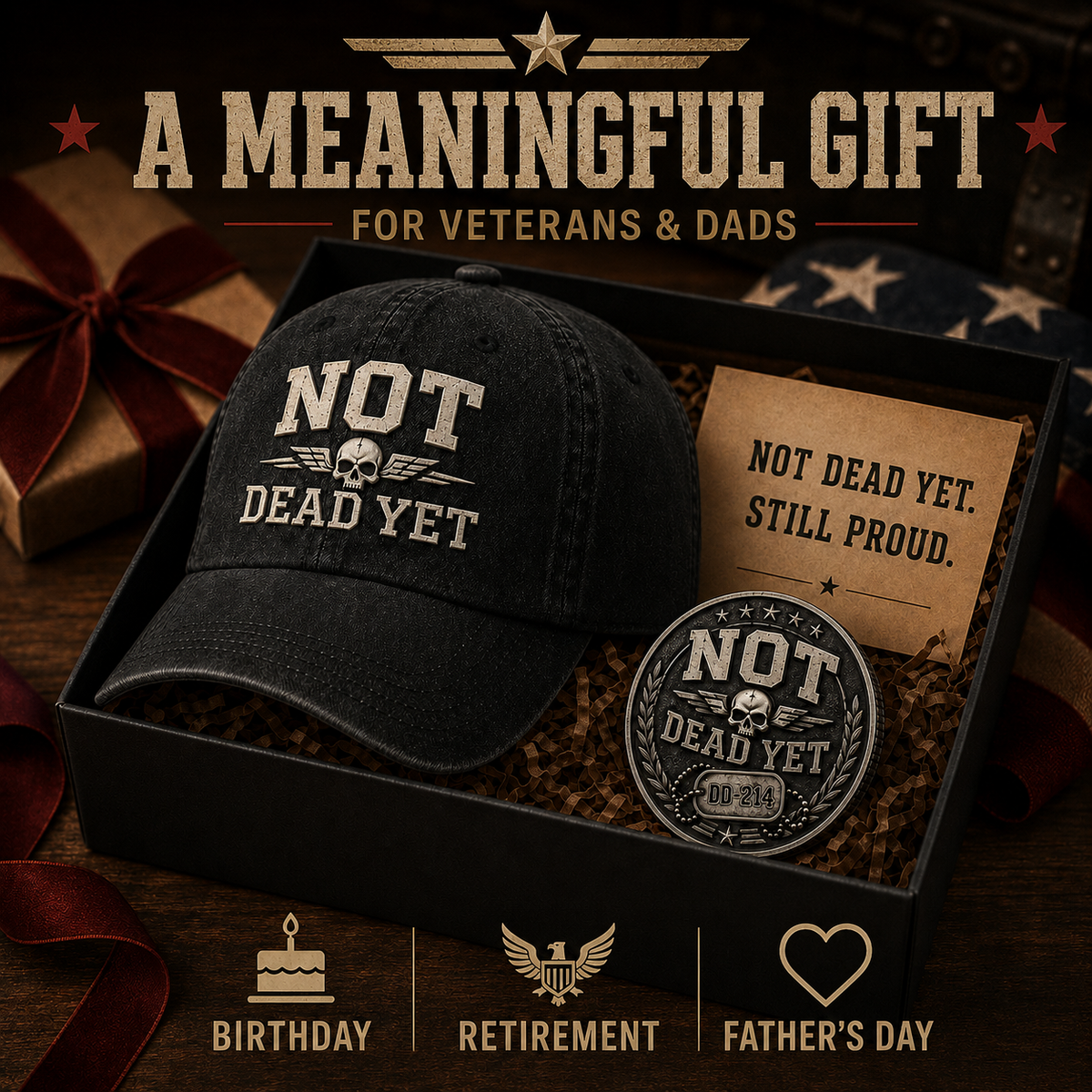 DD-214 NOT DEAD YET Veteran Dad Hat – Vintage Embroidered Cap 🎁 Free Honor Coin With Every Cap Purchase
