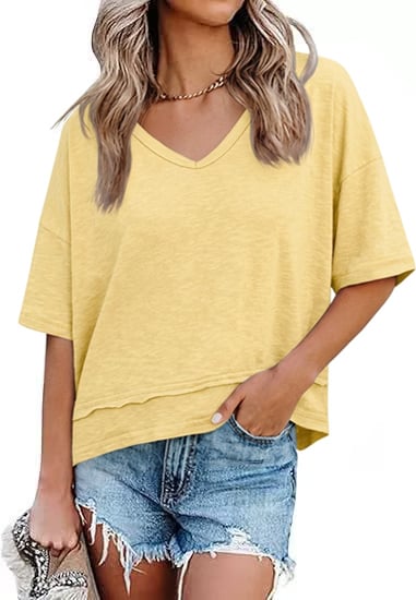 Women's V-neck Mid-length Sleeve Spliced Hem Basic Top