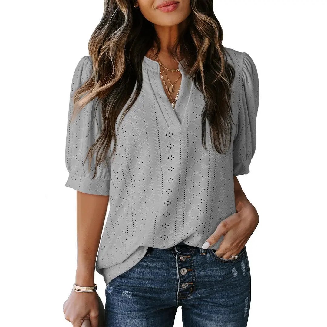 🏆Hot Sale 49% OFF🔥Women's Summer Casual Blouses V Neck Short Sleeve Shirts Hollow Out Cute Tops Loose Fit Breathable Fabric