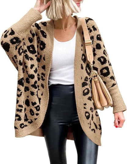 Women's Leopard Print Long Sleeve Cardigan Sweater with Pockets