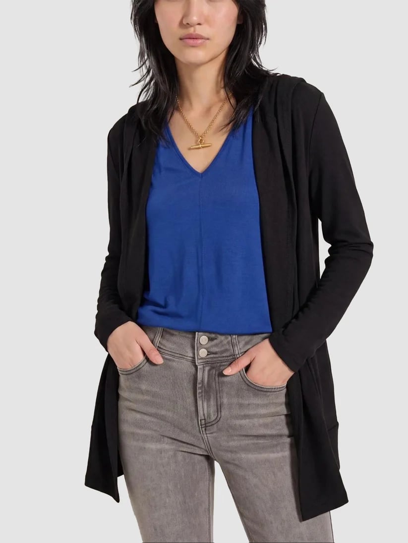 Drawstring Hooded Open Front Long Sleeve Cardigan