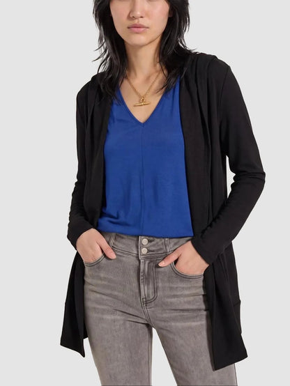 Drawstring Hooded Open Front Long Sleeve Cardigan