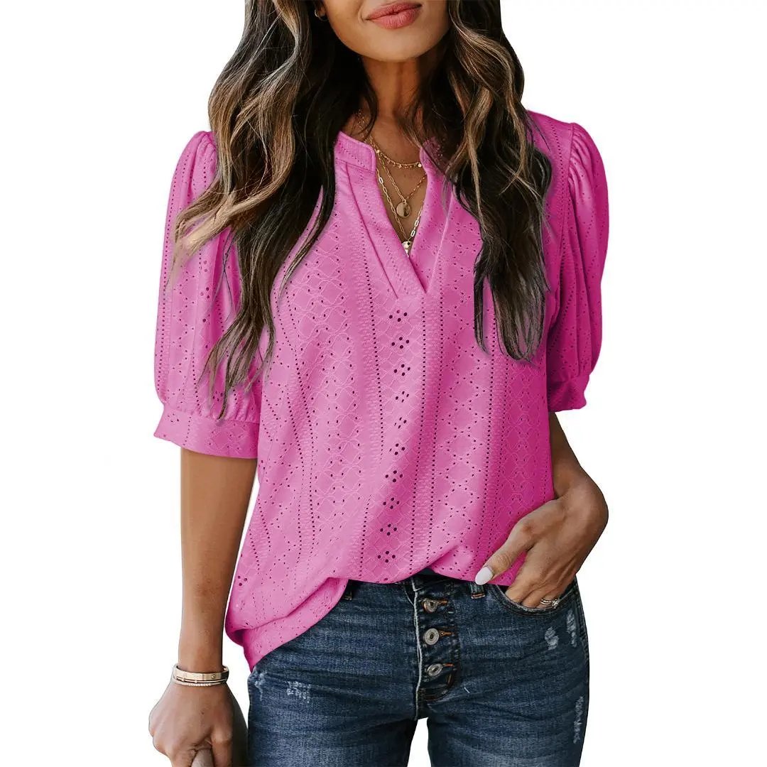 🏆Hot Sale 49% OFF🔥Women's Summer Casual Blouses V Neck Short Sleeve Shirts Hollow Out Cute Tops Loose Fit Breathable Fabric