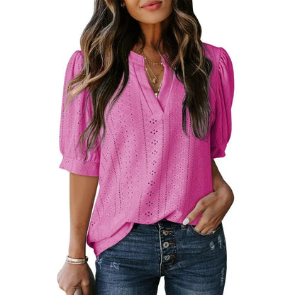 🏆Hot Sale 49% OFF🔥Women's Summer Casual Blouses V Neck Short Sleeve Shirts Hollow Out Cute Tops Loose Fit Breathable Fabric