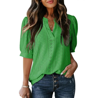🏆Hot Sale 49% OFF🔥Women's Summer Casual Blouses V Neck Short Sleeve Shirts Hollow Out Cute Tops Loose Fit Breathable Fabric